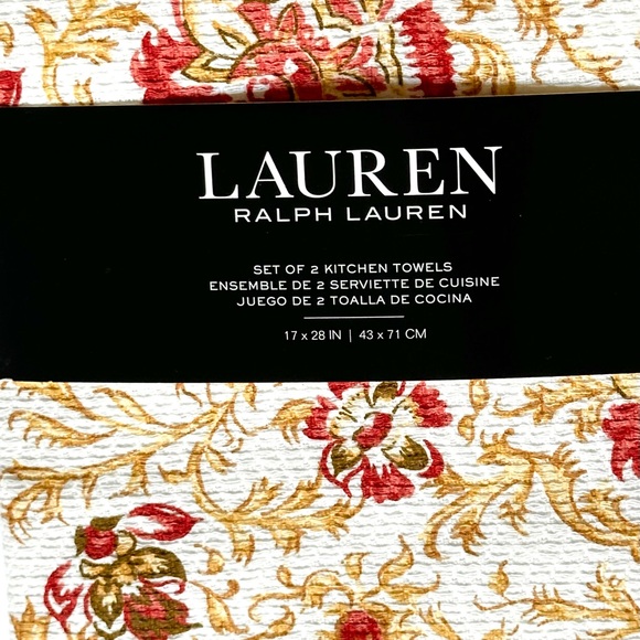 Lauren Ralph Lauren 2 Pc Cotton Kitchen Dish Towels Set Ivory Gold Reddish Brown - Picture 2 of 8